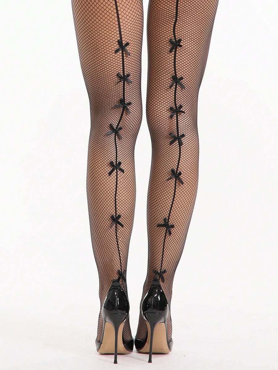 1 Pair Women's Black Back Seam Bowknot Fishnet Pantyhose, Vintage Coquette Mesh Tights For Party, Date Night & Halloween - Multicolor - View 1