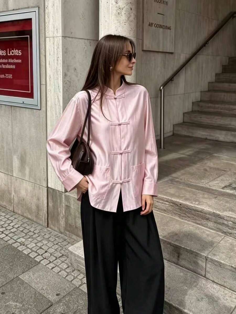 DEEKA Autumn New Women's European & American Style Fashion Minimalist Versatile Satin Knot Button Shirt - Pink - View 1
