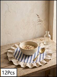 1/2/4/6/12pcs Blue & White Striped Round Placemats, Fresh Natural Style, Fabric Material, Beige Ruffle Edge Detail, Stain-Resistant Tabletop Protection And Decorative Function, Suitable For Daily Tea & Natural Home Decor - Blue - View 14
