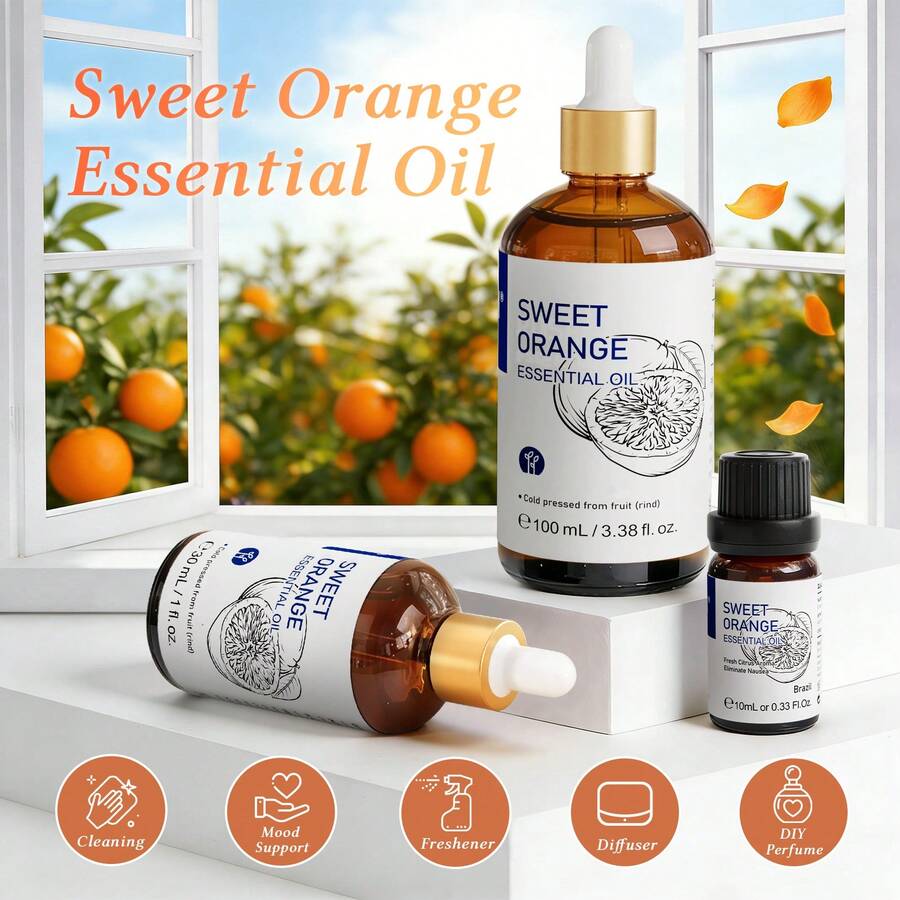 HIQILI Sweet Orange Essential Oil, 10ml/30ml/100ml Pure Natural Fruit Scented Oil, Suitable For Aromatherapy Diffuser, Humidifier, Massage, SPA, Candle And Soap Making, DIY Home Hotel Car Fragrance