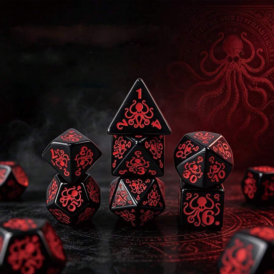 7Pcs Cthulhu Octopus Polyhedral Dice Set, Red Engraved Dice For Table Board Game, Dice Gift For Game Lovers - Red - View 1