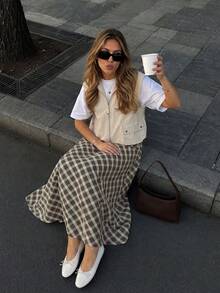 Women's Elegant Casual Green Plaid Long Skirt, Suitable For Office, Vacation, Outings - Olive Green - View 1