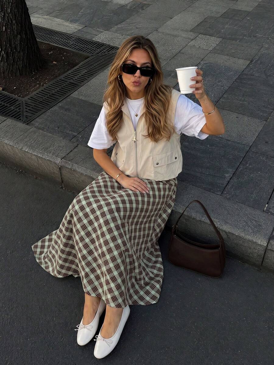 Women's Elegant Casual Green Plaid Long Skirt, Suitable For Office, Vacation, Outings - Olive Green - View 1