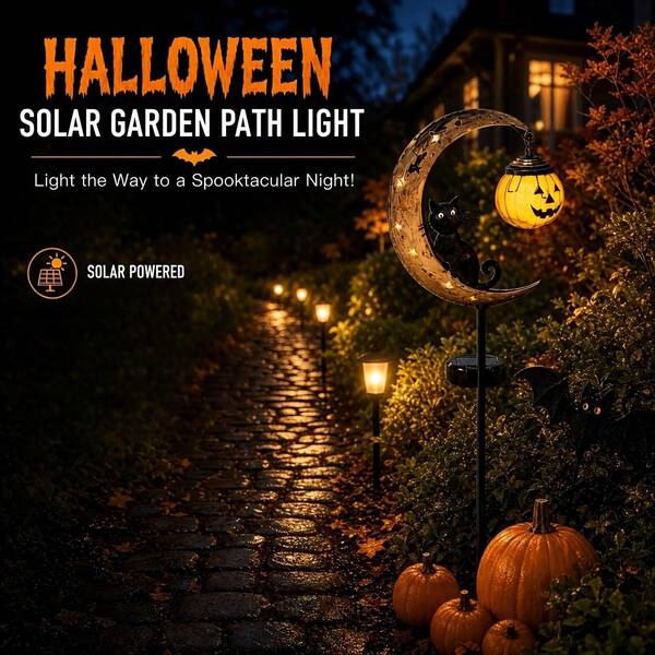 Halloween Crescent Moon Black Cat Solar Garden Stake Light, Hanging Pumpkin Lantern Decoration Stake Light, Weather-Resistant Garden Lawn Pathway Halloween Holiday Decor