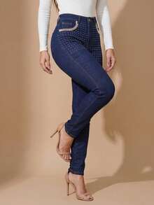 pthirillo Calça Feminina Denim Skinny para Uso Diário Com Lycra Elastano Empina Bumbum Premium com Strass Brilho - Pocket Strass - Visão 7