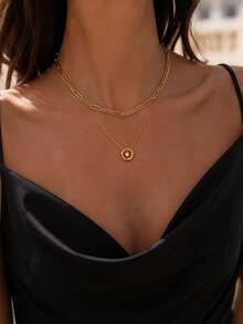VceTd 2PCS Romantic Style Heart Pendant With Paperclip Chain Layered Necklace Set, Stainless Steel For Women, Suitable For Daily Wear, Dating Or Valentine's Day Gift - Yellow Gold - View 4