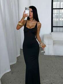 1pc Solid Color Elegant Knit Fabric Sleeveless Dress For Wedding Summer - Black - View 3