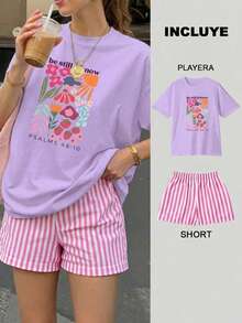 Women Two-Piece Outfits - 2 Playera Lila con Short Rayas Rosa con Blanco - View 1