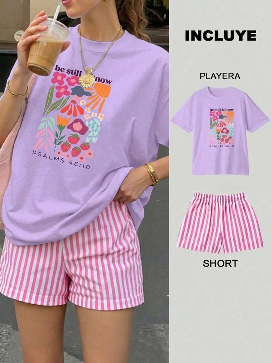 Women Two-Piece Outfits - 2 Playera Lila con Short Rayas Rosa con Blanco - View 1
