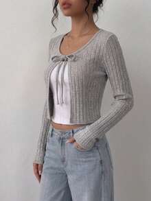 Cardigan de punto con manga larga uso diario para Mujer tipo torera - Gris - Ver 2