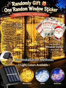 戶外太陽能瀑布簾燈串燈,100/200/300 LED 8種閃爍燈光模式,防水仙女燈,適用於花園、露台、門廊、後院、婚禮、聖誕節、窗戶、居家聖誕裝飾,附贈隨機迷你窗貼 - 太陽能窗簾燈 - 查看 2