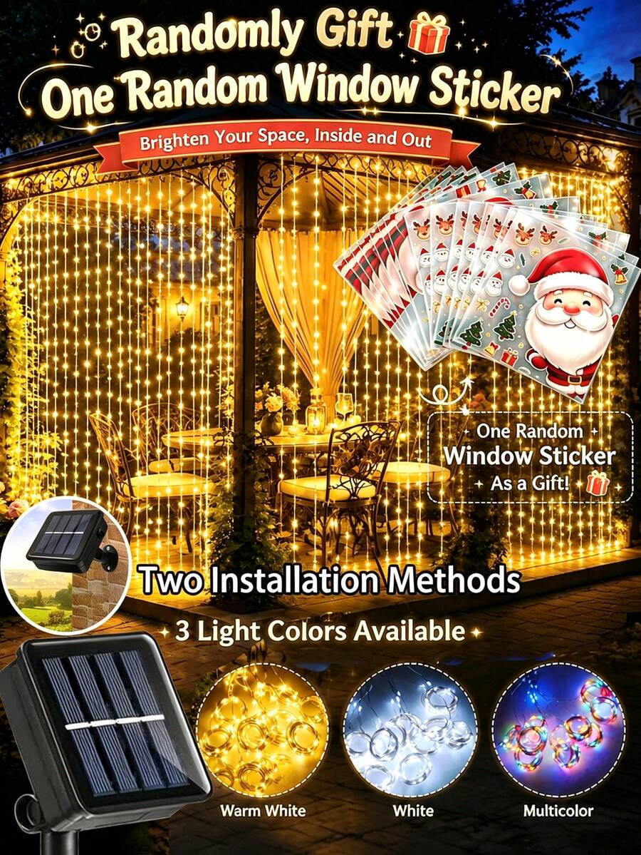 戶外太陽能瀑布簾燈串燈，100/200/300 LED 8種閃爍燈光模式，防水仙女燈，適用於花園、露台、門廊、後院、婚禮、聖誕節、窗戶、居家聖誕裝飾，附贈隨機迷你窗貼