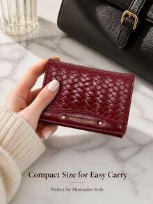 Women's Wallet, Compact Cute Coin Purse, Tri-Fold Burgundy Woven PU Leather Wallet, Multi-Card Slots With Snap Closure - Burgundy - View 7