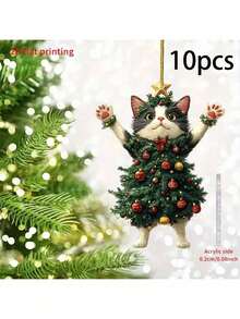 Christmas 2D Flat Printing, 10/20pcs Christmas Tree Cat Acrylic Hanging Decor, Suitable For Keychains, Bags, Car Rearview Mirror Pendant, Used For Christmas Decoration, Adding Cute And Cheerful Atmosphere. Decorative Sign - Various - View 7