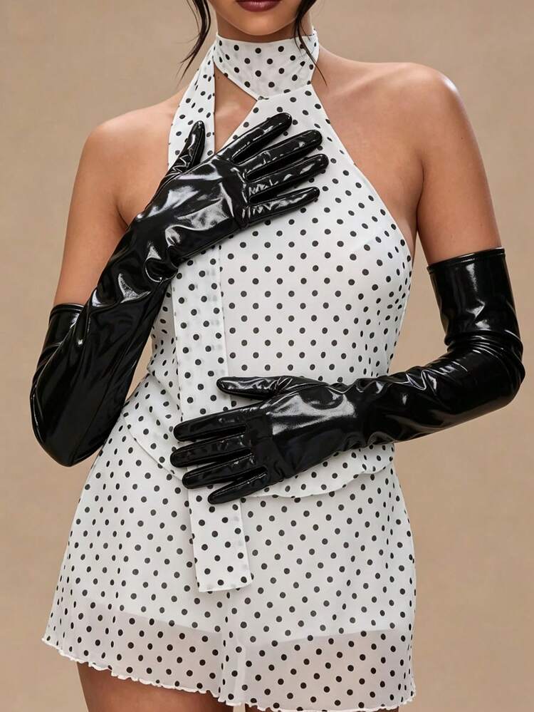 1 Pair Long Black PU Gloves, Suitable For Evening Party, Date, Wedding, Bride, Daily Wear - Black - View 5