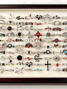15/25Pcs/Lot Vintage Punk Colorful Stones Men Women Rings Spider Skeleton Bat Random Styles Festival Party Gifts For Friends Daily Wearing Accessories - Vintage Black Stone Flower Gun Black Punk Ring - View 2