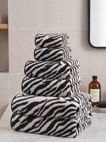 1pc/2pcs Approx. 13*30in/28*55in Thickened Zebra Stripe Coral Fleece Face Towel And Bath Towel, Super Soft, Absorbent, Quick Drying, Suitable For Swimming, Spa, Home Bathroom Shower, Back To School - Black and White - View 18