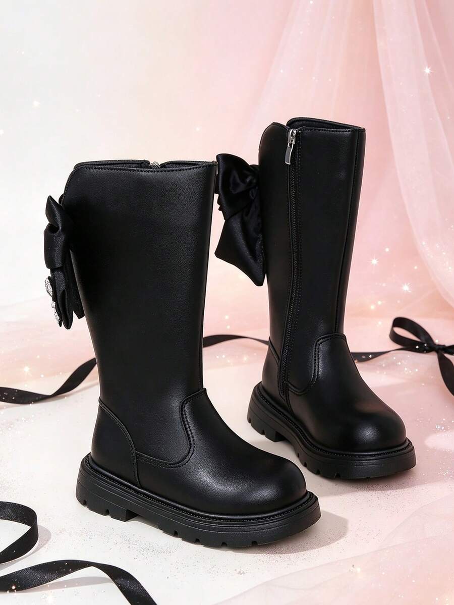 1 Pair Beige Tall Princess Boots With Bow + Rhinestone Butterfly Decor, Elastic Soft Sole With Inner Zipper Design, Luxury Girly Style Long Riding Boots, Suitable For Daily Wear, School, Festivals, Parties, Autumn/Winter New Arrival - Black - View 1
