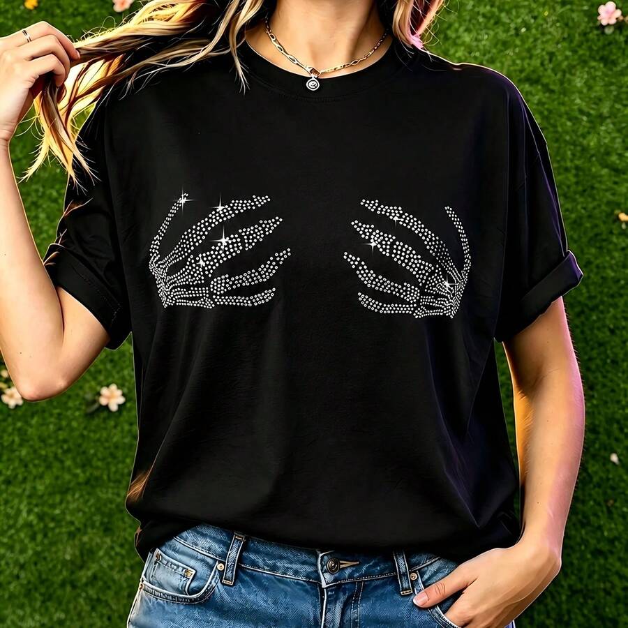 Women's Halloween T-Shirt & Fun Sparkling Hand Print Design & Black Short Sleeve Casual Women's T-Shirt & Printed T-Shirt, Not Diamonds - Black - View 1