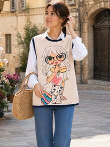 New Women's Autumn Round Neck Sleeveless Tank Top, Cartoon Girl Print, Colorblock Knit Trim, Suitable For Casual Outfits Fall - Apricot - View 5