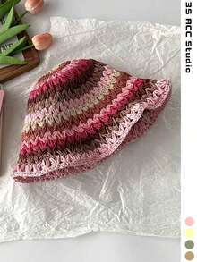 Dopamine Striped Straw Fisherman Hat Women Summer Hollow Out Breathable Bucket Hat Slimming Face Sun Protection Sun Hat Plus Size Rainbow Striped Hollow Straw Hat Women Travel Outdoor Sun Protection Face Covering Sun Hat Women New Wide Brim Slimming Face Large Head Circumference Handmade Woven Large Size Fisherman Hat Vacation Beach Bucket Hat Back To School - Multicolor - View 11