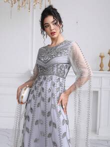 JINLICX Light Grey Silver Beaded Tassel Maxi Dress Round Neck Sheer Fringe Sleeve Luxury Evening Gown For Wedding Banquet - Grey - View 6