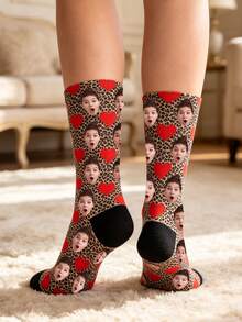 Custom Face Crew Socks, Personalized Photo Socks With Heart & Leopard Print, Novelty Customized Gift Socks For Holiday Birthday Party - Multicolor - View 2