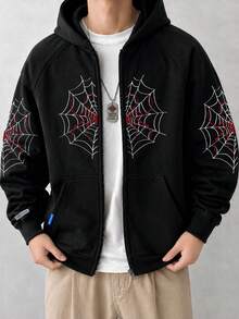 1pc Tween Boy Casual Spider Print Loose Fit Hoodie Jacket, Versatile Sporty Style, Spring Autumn - Black - View 7
