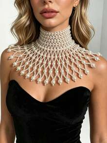 ZHENGHEN Luxury Pearl Shoulder Necklace For Women - Handmade Beaded Collar Fashion Jewelry, Suitable For Weddings, Parties And Formal Occasions - Beige - View 3