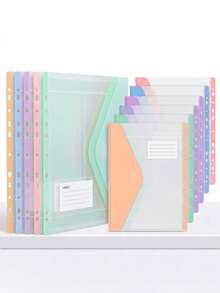 6pcs Macaron Color PP Transparent Envelope Binder Pockets, 11 Holes Compatible With 2/3/4 Hole Binders, With Random Style Label Slots, Home Office Student Back To School Storage Folders (Random Color And Style) - Multiple Styles - View 2