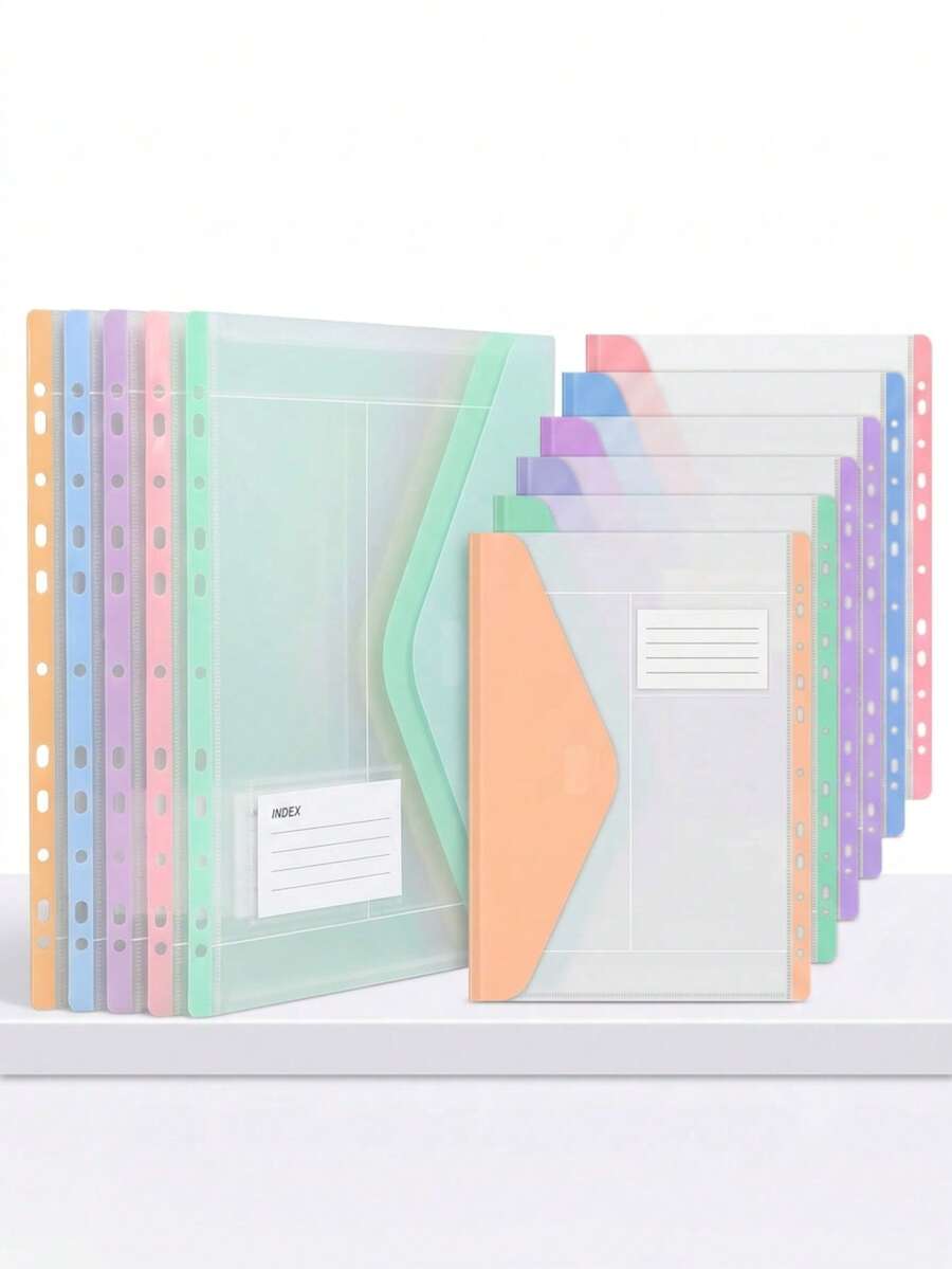 6pcs Macaron Color PP Transparent Envelope Binder Pockets, 11 Holes Compatible With 2/3/4 Hole Binders, With Random Style Label Slots, Home Office Student Back To School Storage Folders (Random Color And Style) - Multiple Styles - View 1