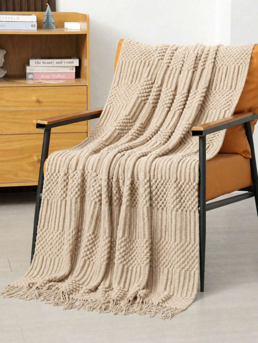 1pc Knitted Blanket For Bed Solid Color With Bubbles Made Of Wool Suitable For Air-Conditioned Room, Sofa, Bed, Nap And Office Use - Khaki - View 1