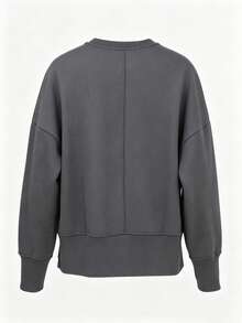 Sweatshirt Pullover Wanita Longgar Kasual Kerah Bulat Bahu Jatuh dengan Belahan Samping di Bagian Bawah, Atasan Gaya Jalanan Musim Gugur - Grey - View 3