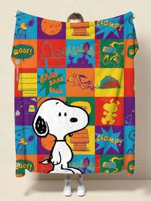 Snoopy Bright Multi-Color Plaid Flannel Blanket, Fun Cartoon Puppy Pattern Printed Soft Throw, Nap Sofa Bed Home Decor - Multiple Styles - View 7