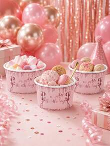 10pcs Pink Happy Birthday Paper Bowls, Disposable Birthday Party Bowls, Rose Gold Glitter Balloon Crown Print Paper Bowls, Birthday Party Supplies, Pink Birthday Decoration, Baby Shower Decoration, Dessert Snack Ice Cream Serving Bowls Party Tableware Supplies, Home Decor, Table Decor, Party Gifts - Pink - View 6