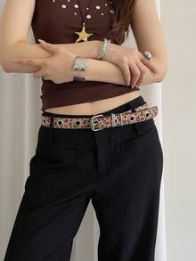 1pc Leopard Print Women's PU Material Y2K Personalized Street Style Riveted Niche Waist Belt - Leopard - View 4
