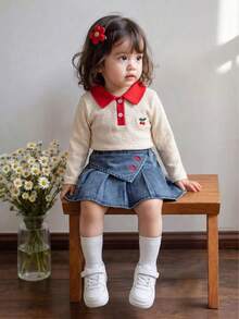 Autumn/Winter Baby Girl Cute Red Turn-Up Collar Cherry Embroidery Long Sleeve Top & Pleated Denim Skirt Set - Apricot - View 2