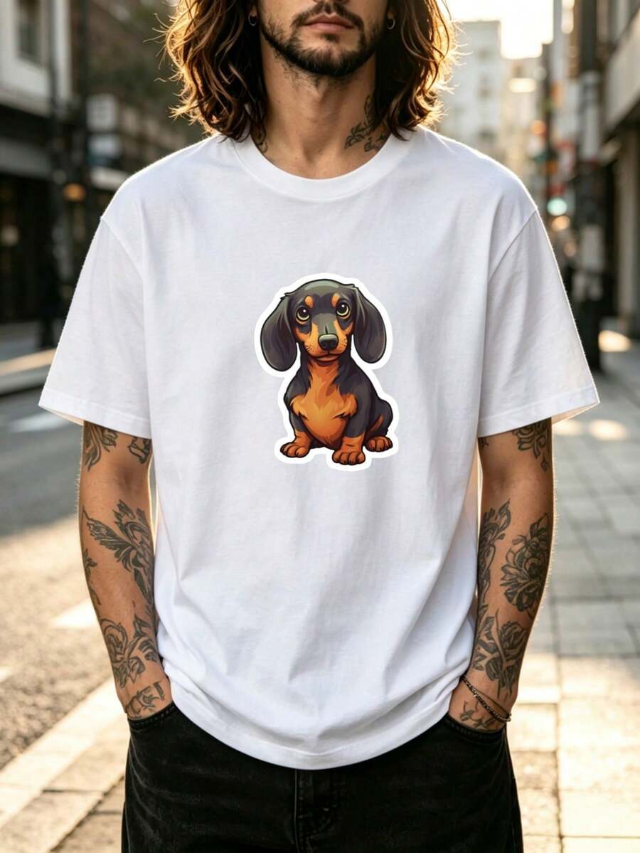 Men's Loose Fit Crew Neck Short Sleeve T-Shirt, Cute Dachshund Cartoon Print, Suitable For Daily Streetwear - White - View 1