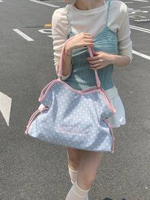 Embroidered Polka Dot Tote Bag, Y2K Sweet Cool Style, Large Capacity Shoulder Bag For Commuting, No Pendant, No Pendant - Grey - View 6