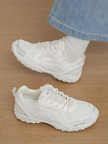 Off-White All-Season Thin Mesh Breathable Retro Patchwork Lace-Up Low-Top Athletic Casual Shoes, Minimalist Spring Summer Autumn Outdoor Jogging Sneakers, Versatile Commuter Shoes For Students - Beige - View 2