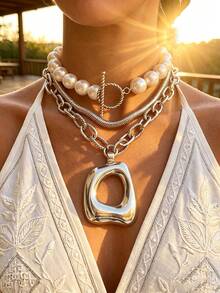 3pcs/Set Vintage Fashion French Elegant Old Money Style Multi-Element Exaggerated Wide Hollow Square Pendant Chain Layered Faux Pearl OT Clasp Snake Chain Silver Necklace Set Personalized Sweet Y2K High-End Y-Shaped Collarbone Chain Suitable For Women All Year Round Vacation Party Date Gathering Wedding Evening Banquet Daily Wear Versatile Jewelry - Silver - View 2