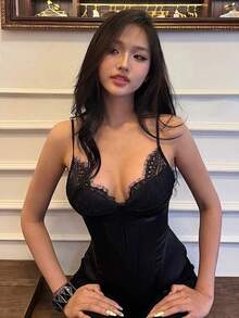 Top Dazzle Women's Sleeveless Ruffle Neck Lace Detail Knitted Bodycon Top Formal Dress - Black - View 5