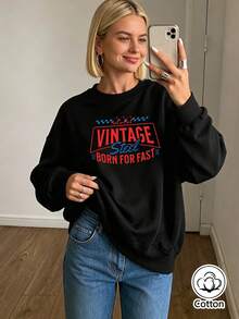 Retro Street Style Loose Fit Crew Neck Sweatshirt For Young Adults With Vintage Letter Print, Red & Blue Contrast Text, Checkerboard Pattern, - Black - View 3