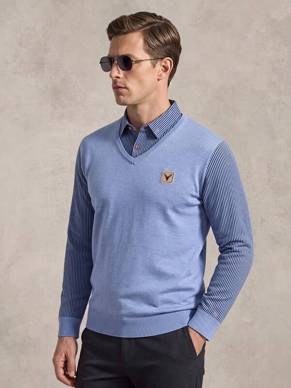 Courvante Men Light Blue Striped Collared Plain Knit Patchwork Thermal Lined Pullover,Long Sleeve Sweater For Autumn,Business Casual,Office,Back-To-School,Fall