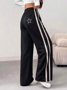 Women's Black Polyester Straight Leg Pants With Side Stripe And Star Embroidery, Long Drawstring Waist Pants With Pockets - Black - View 8