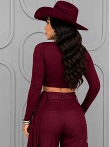 Cropped Feminino Manga Longa com Amarração na Cintura – Top Elegante e Estiloso - Vinho - Visão 3