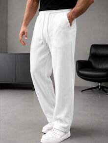 White Waffle Knit Wide Leg Sweatpants For Men, Textured Metal Drawstring Straight Leg Casual Long Pants - White - View 3