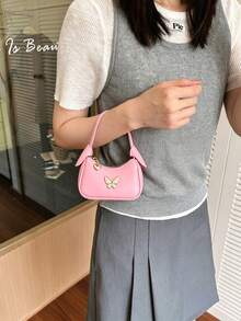 Sweet Mini Handbag For Girls, Fashionable New Butterfly Metal Decor Tote Bag, Zipper Closure PU Versatile Small Bag, Suitable For Daily Use - A - View 7