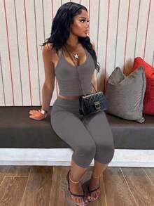 Women's Casual V-Neck Ribbed Knit Tank Top And Fitted Capris Solid Color 2-Piece Set Summer Outfit Elegant - Dark Grey - View 2