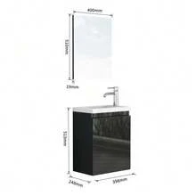 40cm White High-Gloss Bathroom Cabinet, Wall-Mounted Vanity Unit With Ceramic Basin And Mirror, Handleless Design, Soft-Close Hinges, Space-Saving, Fully Pre-Assembled, No Assembly Required, For Bathrooms And Guest Rooms - Black - View 6